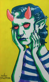 hypnotic devil with pink-and-blue color scheme holding its face