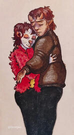 A satyr in a brown leather jacket tenderly embracing an anthropomorphic leucistic fisher/ferret in a magenta-pink fluffy coat.