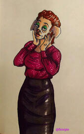 anthropomorphic dog in a classy blouse and leather skirt