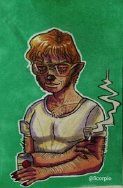 brunet lycanthrope in vintage shades with a cigarette in one hand and a beer can in the other