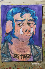 An anthropomorphic boar with a hooped earring, blue mullet, and leather jacket.