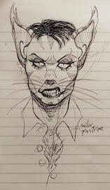 anthropomorphic fey cat with a serious expression and snarling grin