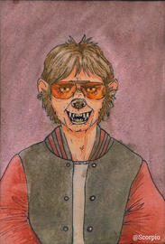 A grinning lycanthrope posed like he's at the Sears Photo. He has scruffy hair, big retro glasses, and a red-and-black letterman jacket.