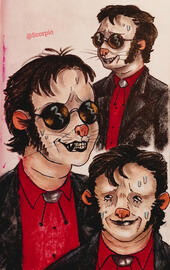 Three images of an anthropomorphic possum preacher nervously smiling