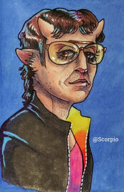 a satyr in tinted aviator sunglasses and a windbreaker, with a brown feathered mullet with blue highlights