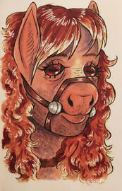 anthropomorphic pony with soft brown eyes wearing a bridle