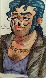 beautiful anthropomorphic biker boar with a blue mullet