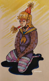 A man with long blond hair seated on his knees, wearing a purple sailor suit and blowing on a noisemaker while wearing a striped party hat.