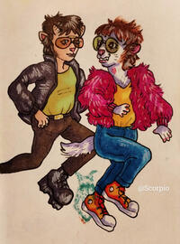 A satyr in a leather jacket running after a leucistic fursona wearing a pink fluffy jacket.