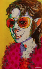 1970s style fursona in orange aviator sunglasses and a bright fuchsia feathered coat