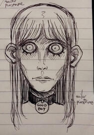 pen sketch of a wide-eyed humanoid with long stringy hair