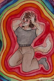 A fursona kneeling on the floor and clutching his head while looking stressed. Rainbow patterns radiate away from him.