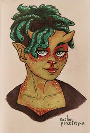 pretty gorgon with satyr features, small nub horns, and white freckles